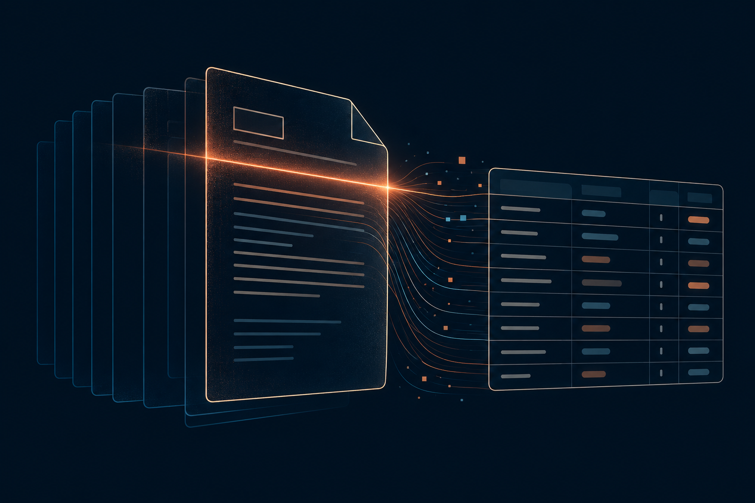 Ilustración de un documento transformándose en filas de datos estructurados.